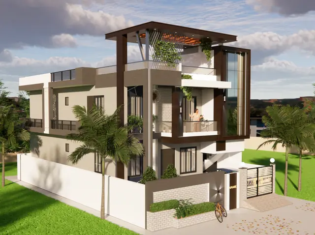 Corner plot villa elevation, 3D design — Anuda, Jaipur