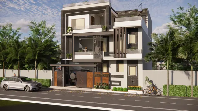 Corner house elevation, 3D — Anuda, Jaipur
