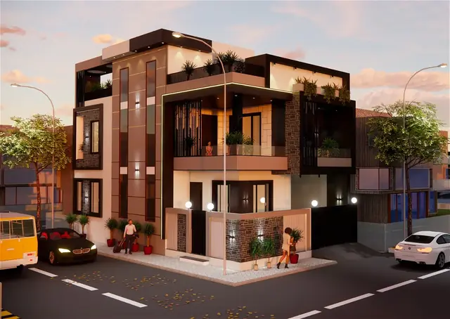 Corner villa elevation, evening view — Anuda, Jaipur