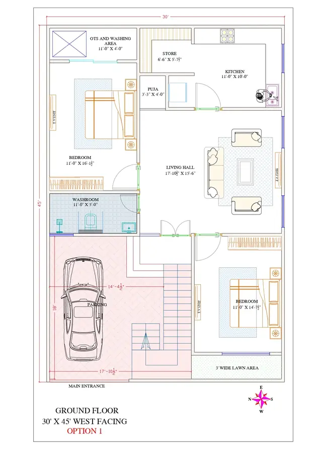 2D naksha — 30×45 West facing ground floor — Anuda, Jaipur