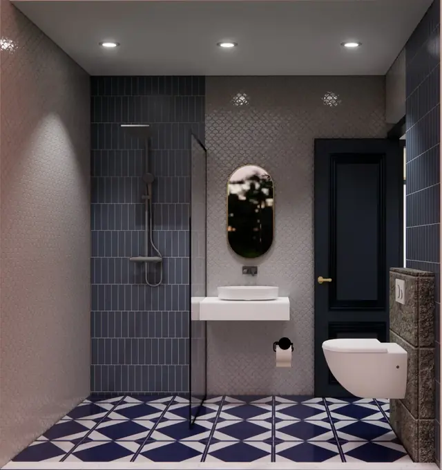 Bathroom design with patterned floor — Anuda, Jaipur