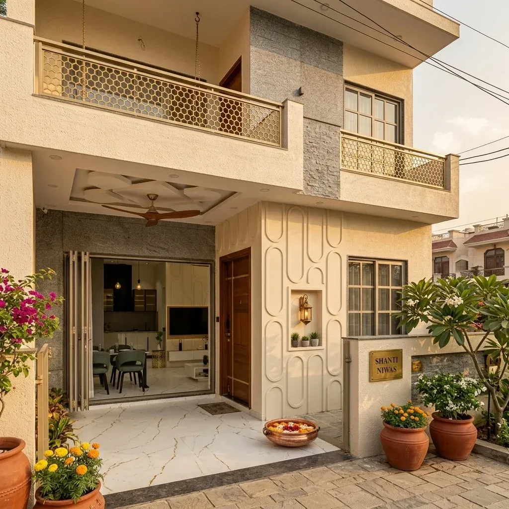 Shanti Niwas – Jagatpura, Jaipur mein Anuda Construction ka banaya ghar, jaali railing aur pathar ki cladding ke saath